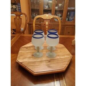 Mexican Hand Blown Cobalt Blue Rim & Stemmed Water Wine Glasses Set of 4 6” Tall